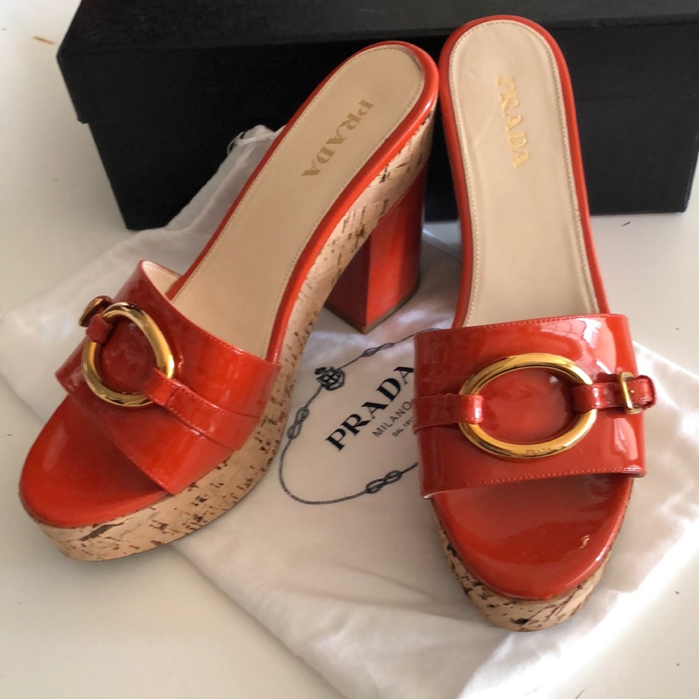 Prada Orange Patent Leather sz41 Cork Platforms